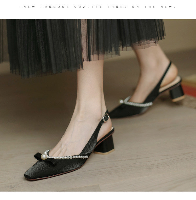 Women Block Heel Closed Toe Sandals, 2026 Summer New Fashion Square Toe Back Strap Pearl Fairy Style High Heel Pumps