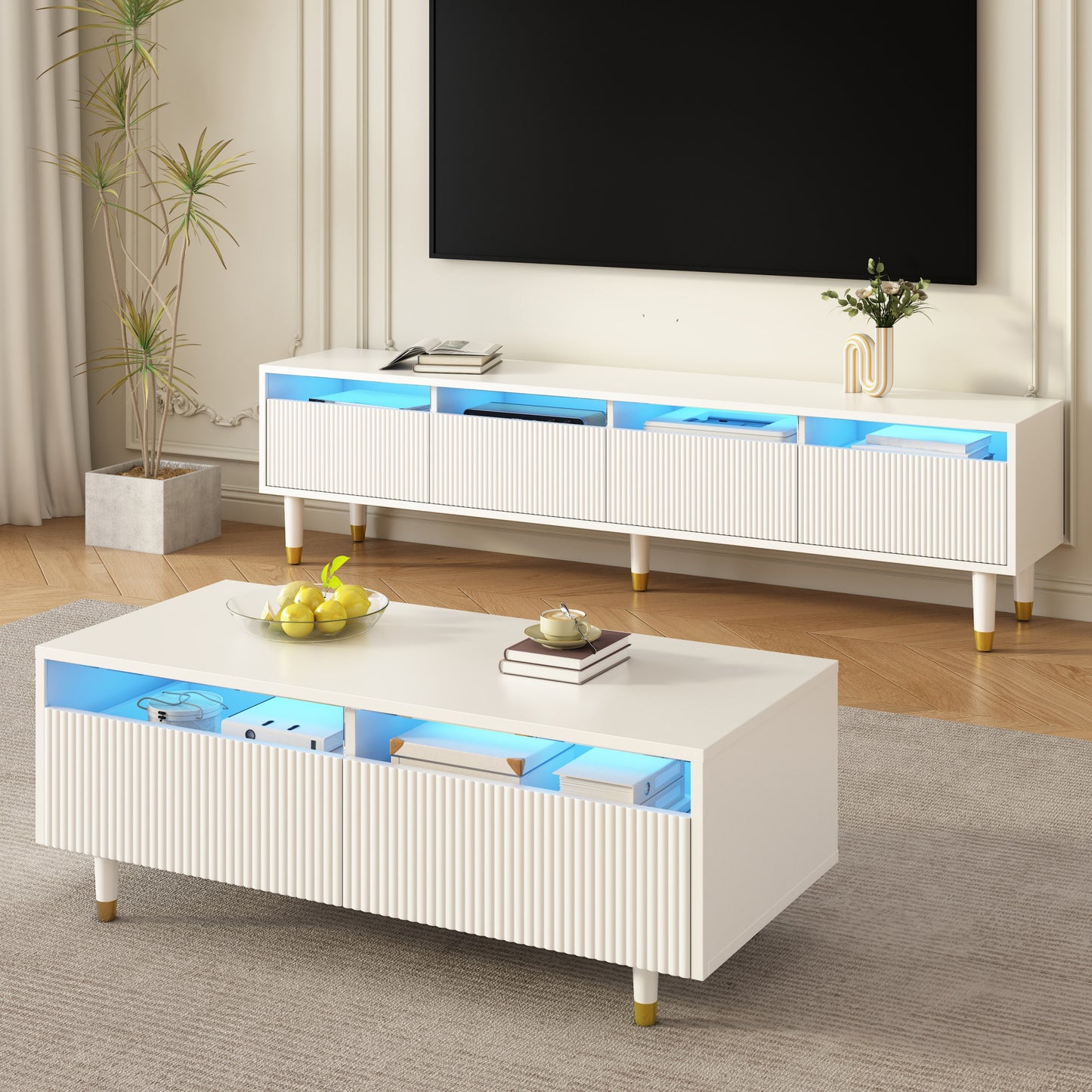 Modern LED Furniture Set Four-door TV Stand And Coffee Table With Two Drawers  White With Gold Design, LED Lighting, Wave Texture And Acrylic Fronts For A Stylish Living Style