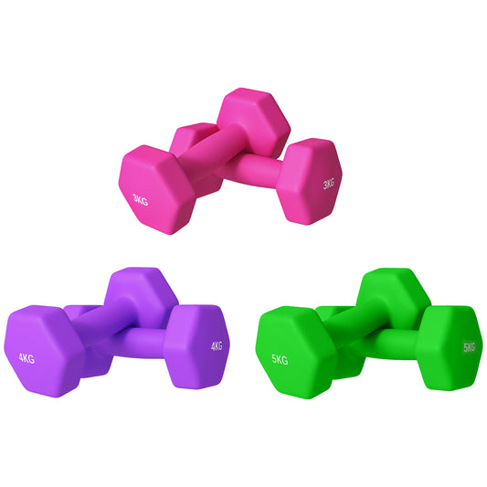 SPORTNOW Set Of 6 Hex Dumbbells, Neoprene Weights Pair With Non-Slip Grip, Home Gym Fitness Training Equipment, 2 X 3kg, 2 X 4kg, 2 X 5kg, Pink, Purple, Green