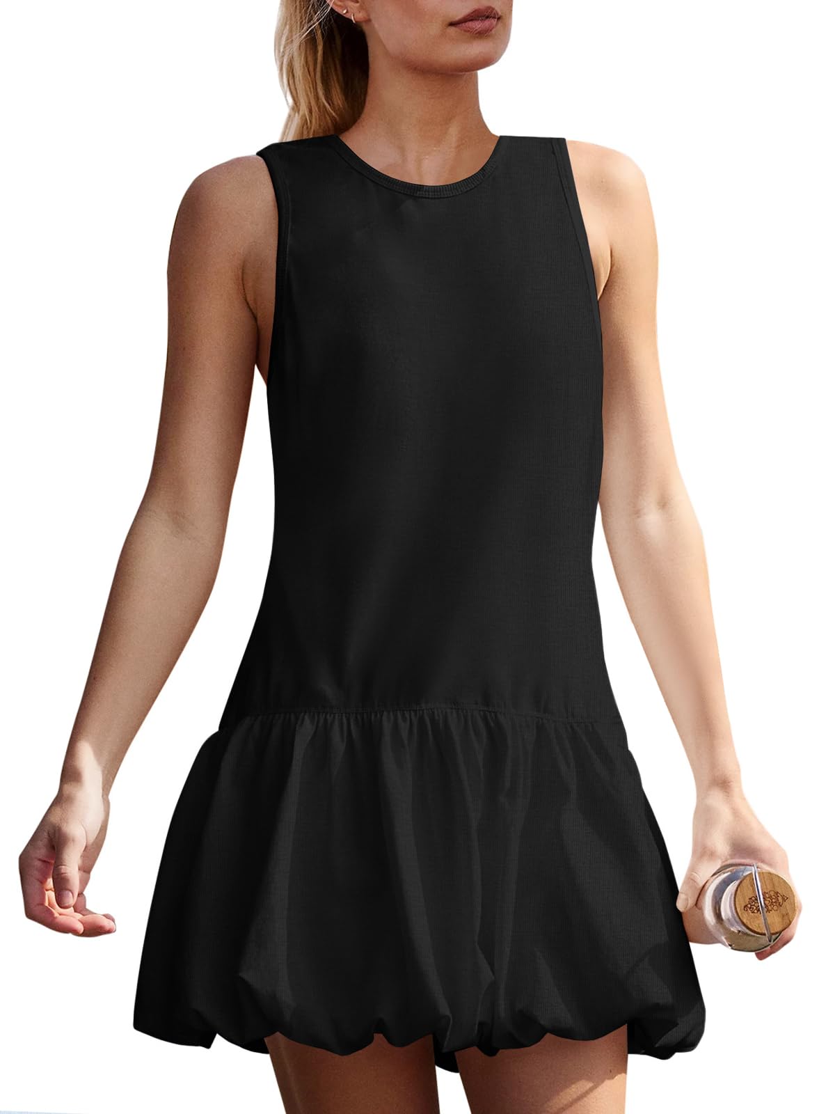 Fisoew Womens Athletic Dresses With Shorts & Pockets Backless Tennis Golf Mini Dress Bubble Hem Workout Active Outfits