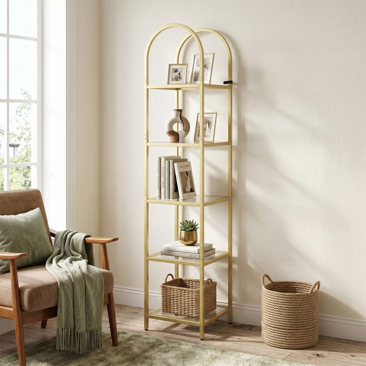 5 Tier Open Bookshelf Metal Tempered Glass Modern Tall Bookcase Display Storage Shelf Rack For Home Gold