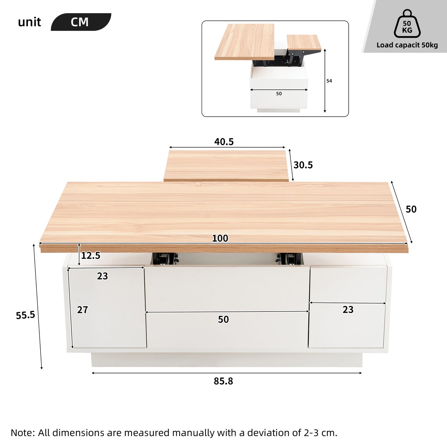 Lift Up Coffee Table With Hidden Storage, Centre Table With 2doors 2 Lifting Platforms, Lifting Sofa Side Table, Space-saving End Table, Tea Table, 100x50x55.5cm, White  Natural Wood, Particleboard