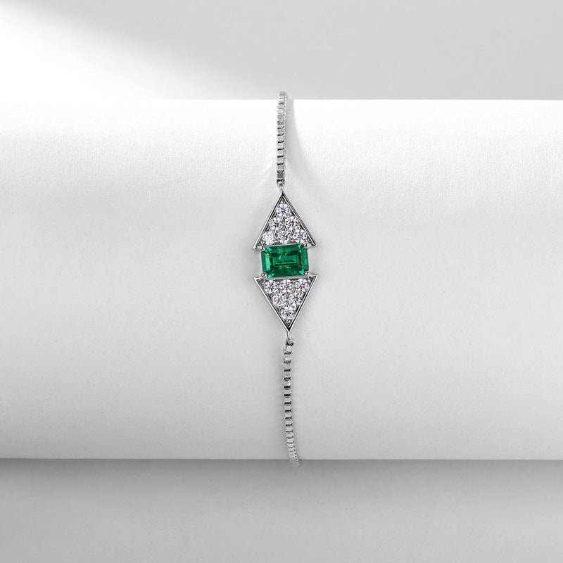S925 Sterling Silver Rectangle 6x4mm Lab-Grown Emerald Ruby Bracelet 22cm Slider Adjustable Platinum Plated Gift Box