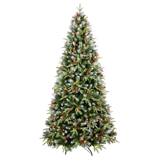 Artificial 5ft Green LED-lit Christmas Tree With 1113PE/PVC Mixed Branch Tips,Red Fruit And Pine Cone,Hinged Premium & Foldable Base For Indoor Holiday Decorating