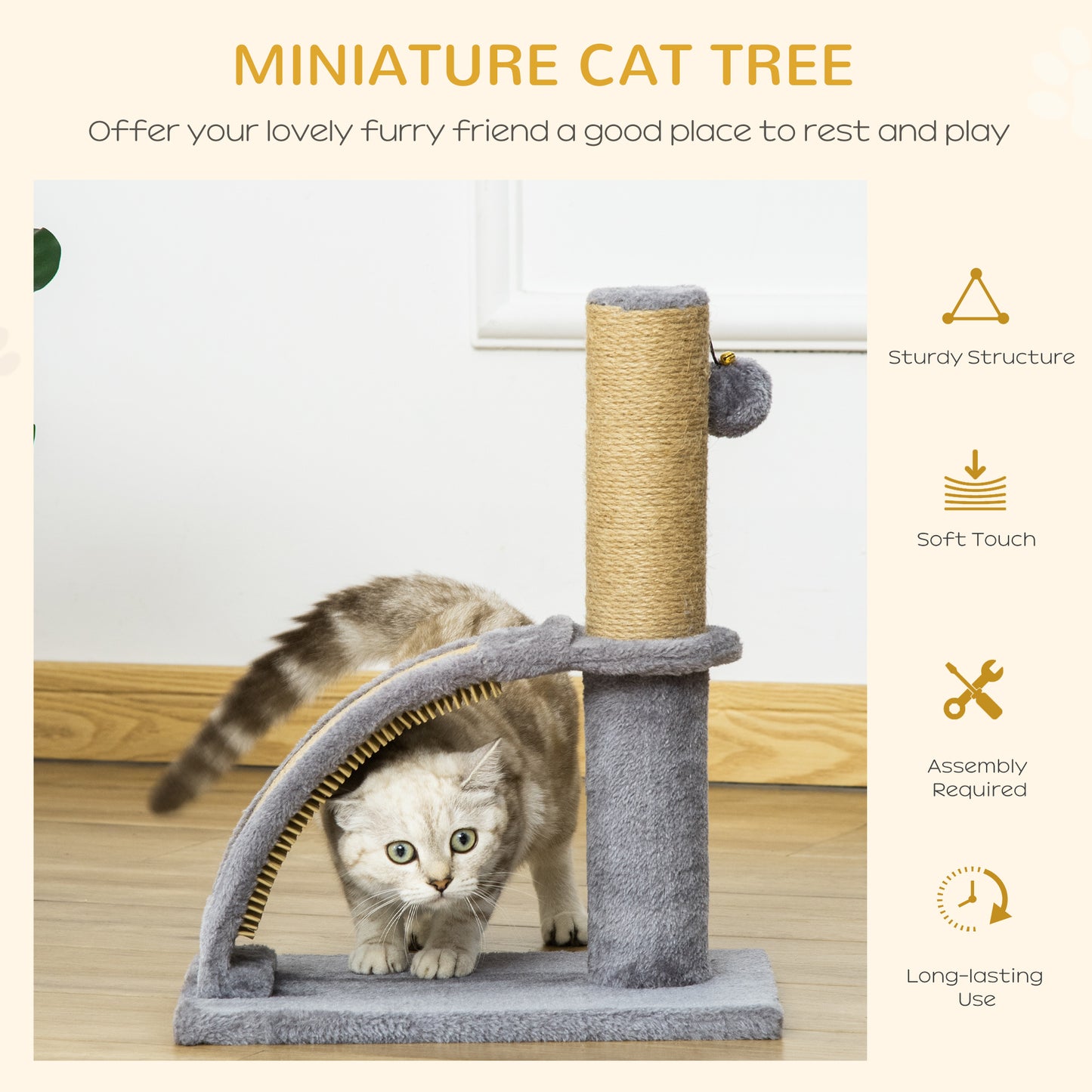 PawHut Cat Tree For Indoor Cats Climbing Activity Center Kitten Tower Furniture With Jute Post Scratching Massage Board Hanging Ball With Bell 34 X 24 X 43cm Grey
