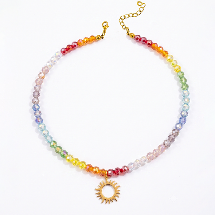 Rainbow Glass Bead Sun Necklace For Women, 18K Gold Plated Stainless Steel Celestial Sunburst Pendant Choker, Colorful Summer Jewelry Gift