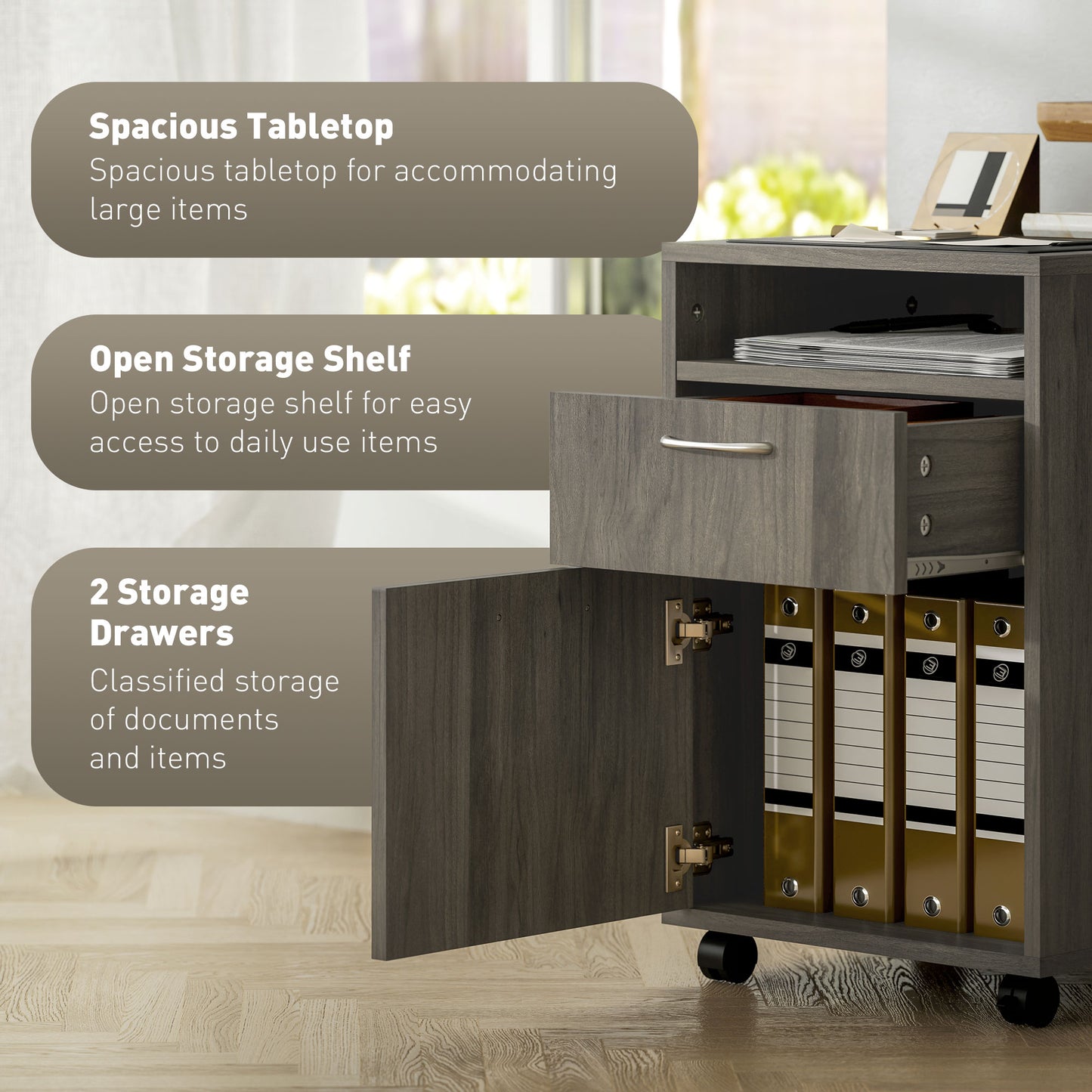 60cm Filing Cabinet With Drawer, Open Shelf, Metal Handles And 4 Wheels, Office Home Organiser Mobile Printer, Grey