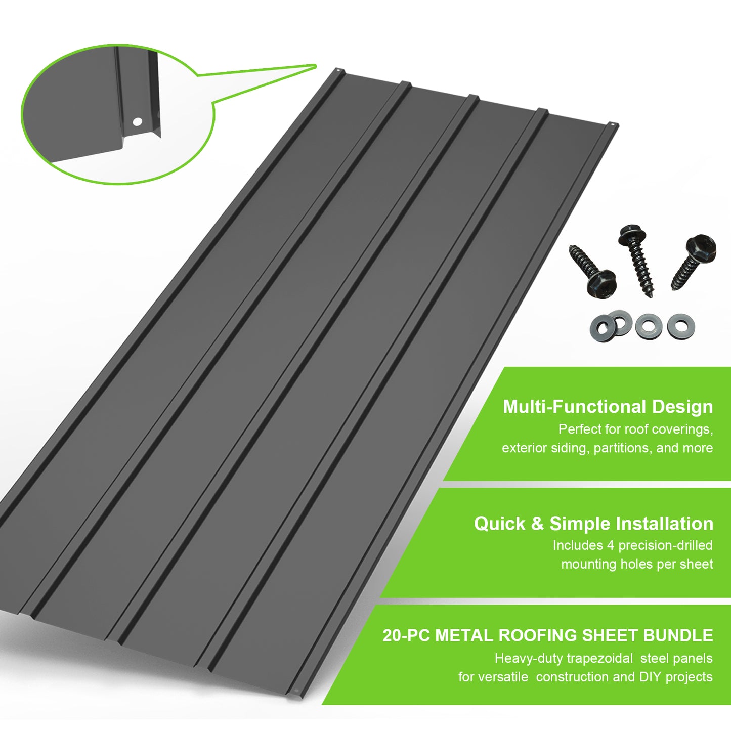20 Pcs Metal Roofing Panels, 3.54 Ft X1.64 Ft Galvanized Roofing Panels Metal Siding Panels With Steel Screws For Pergola, Gazebo, Shed, Outdoor Storage, Chicken Coop, Patio,Garages-Gray