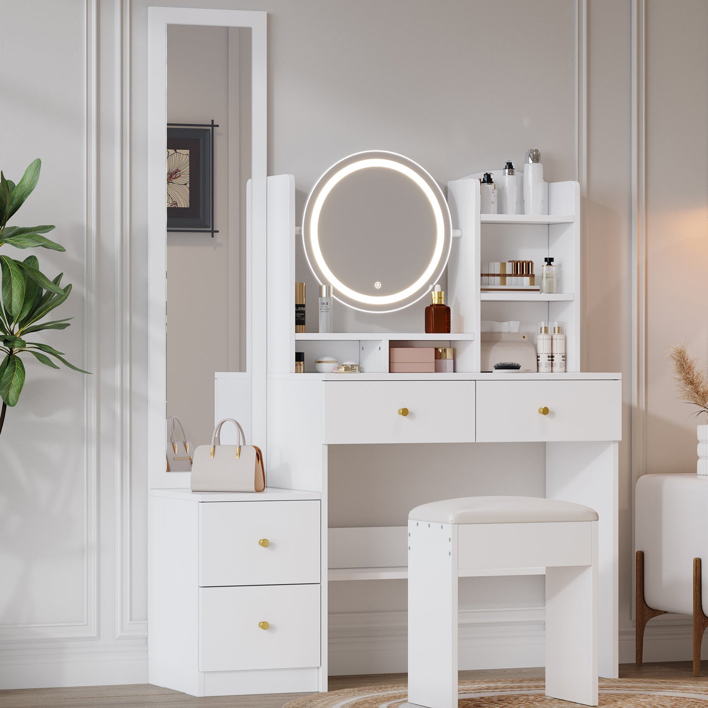 4-in-1 Vanity Table Makeup Table With Full-length Mirror And Rotating Table Mirror, Vanity Stool, 3-color LED Lighting, Metal Handle, White