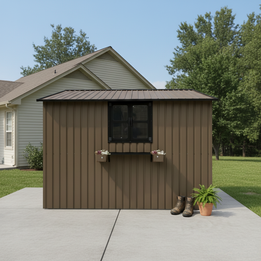 10x8 FT Outdoor Metal Storage Shed With Window & Flower Rack, Lockable Double Doors Tool Shed, Waterproof Weatherproof Garden Shed For  Patio,  Brown Black