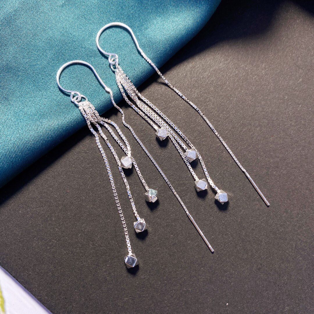 1 Pair 999 Sterling Silver Faceted Cube Bead Long Tassel Threader Earrings, Minimalist & Elegant, Perfect For Daily, Dating & Business, Ideal Valentine's Gift