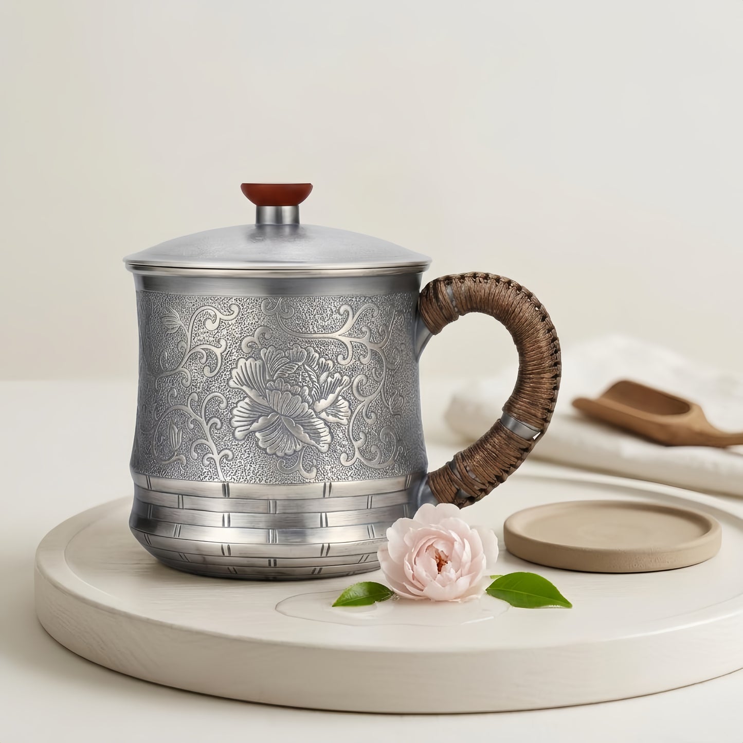 Pure 999 Fine Silver Elegant Metallic Tea Cup with Woven Handle and Floral Engraving-Premium Tea Mug - Handicraft