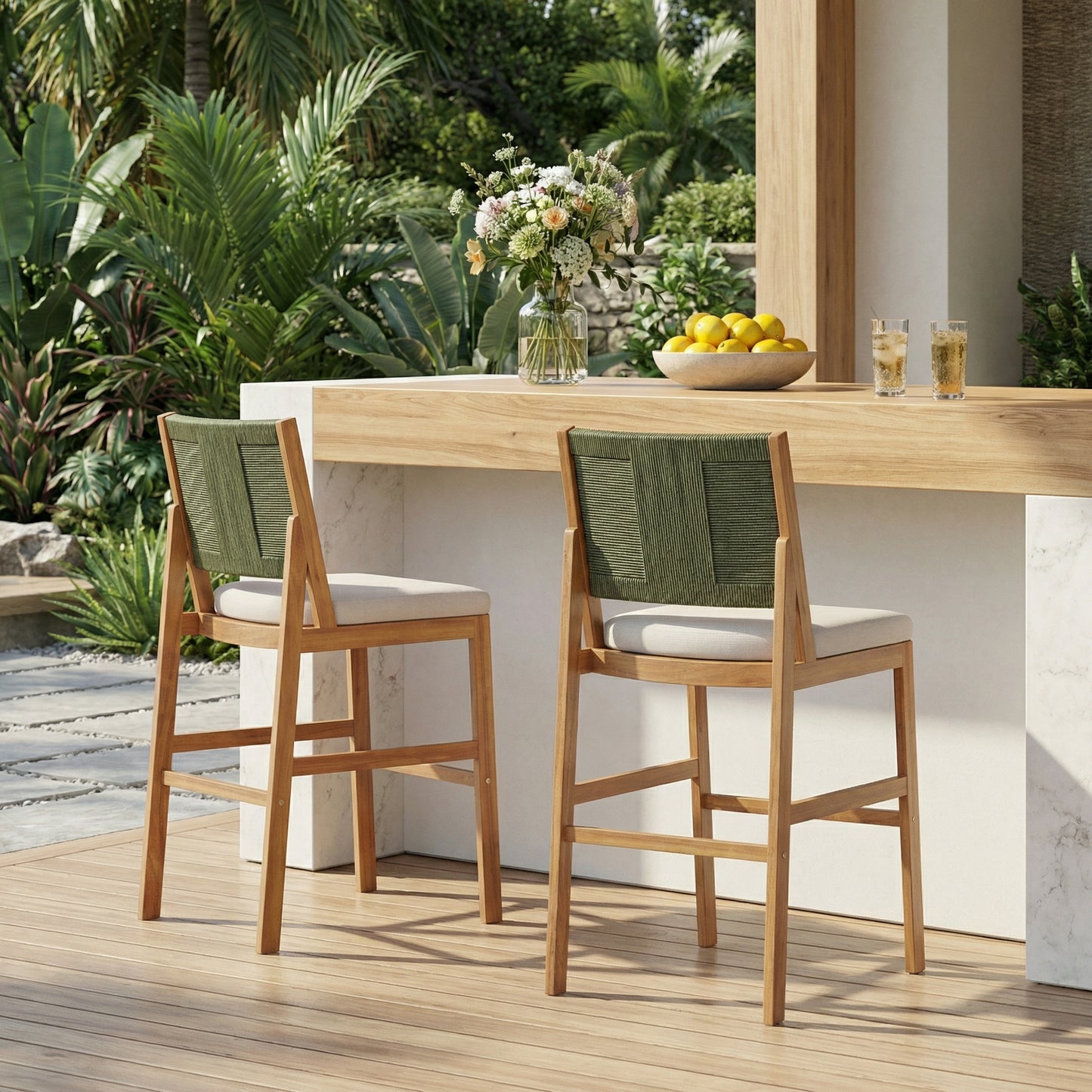 Outdoor Acacia Wood Bar Stools  Set Of 2 , Teak Finish Bar Height Chairs With Cream Cushion & Green Wicker Back, Counter Height Stools For Patio, Poolside, Kitchen Island