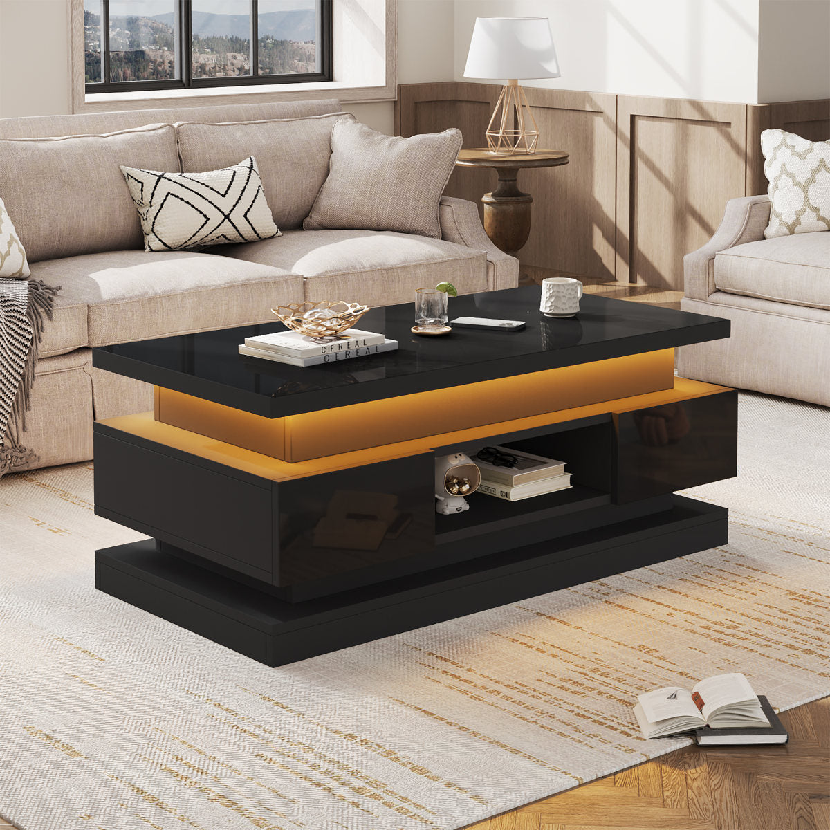 100x50x40cm Liftable Coffee Table With 2 Drawer, High Gloss Side Table With LED, Sofa Table, Coffee Table, Living Room Table With Hidden Storage, Black, Chipboard