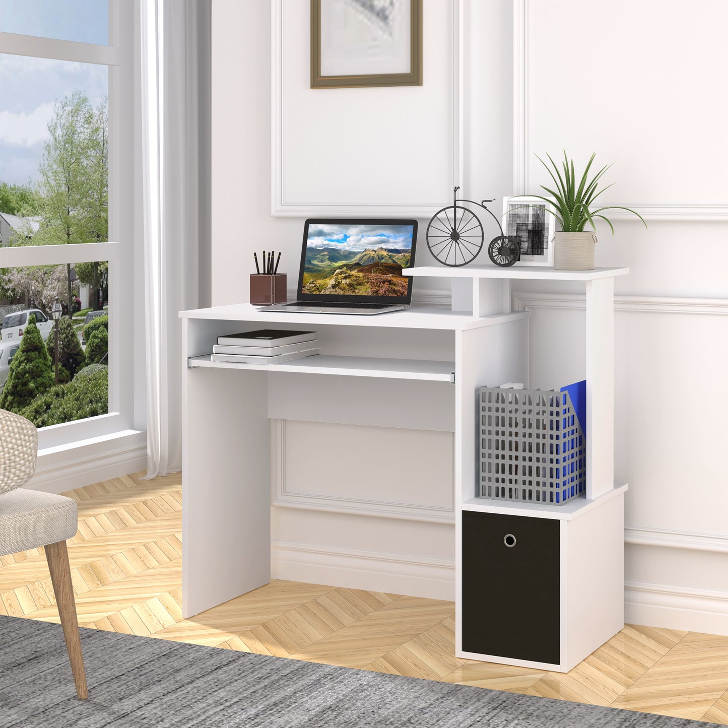 Computer Desk With Sliding Keyboard Tray Storage Drawer Shelf Home Office Workstation White