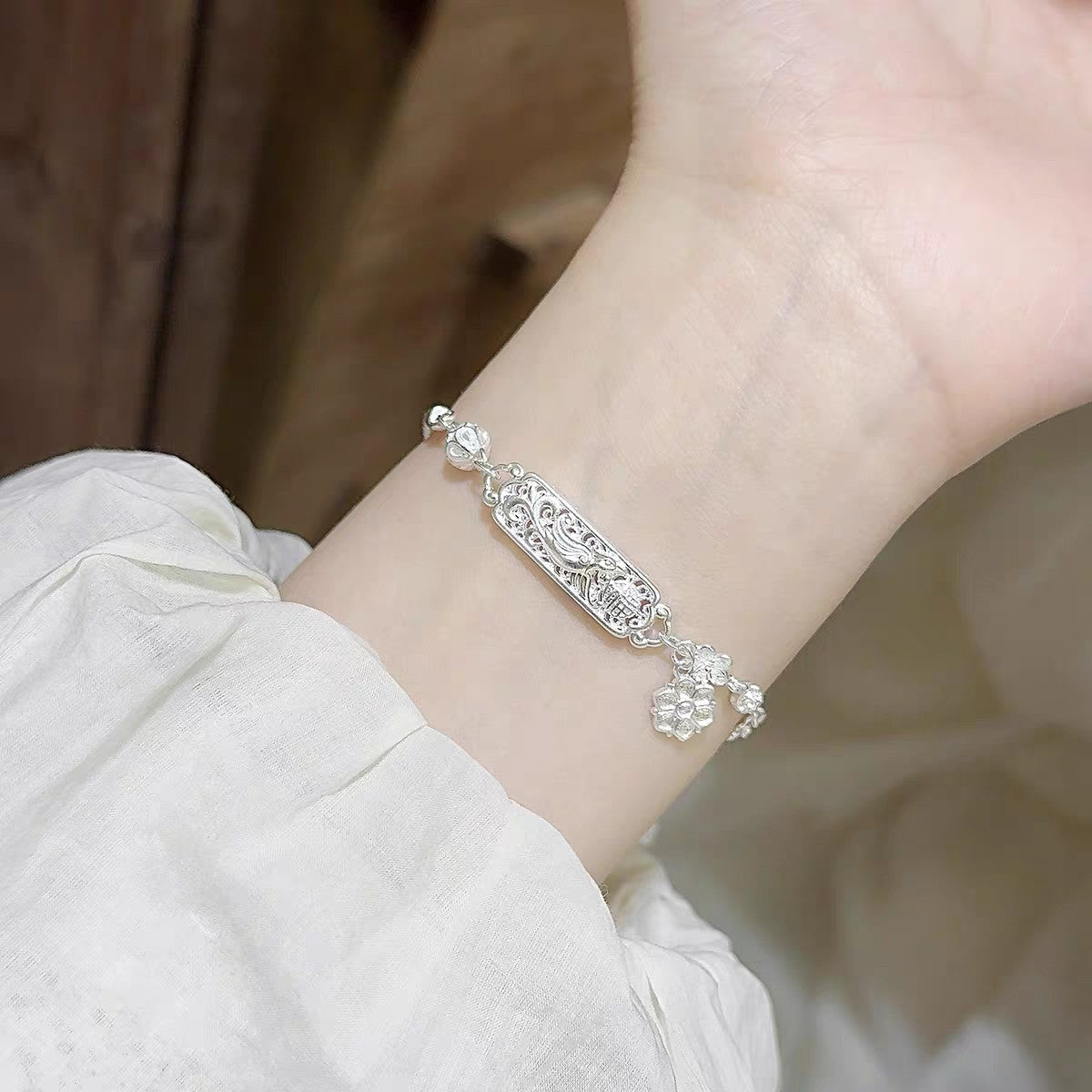 1pc 999 Sterling Silver Hollow Phoenix & Flower Bracelet, Retro Chinese Style, Perfect For Daily Wear & Valentine's Gifts
