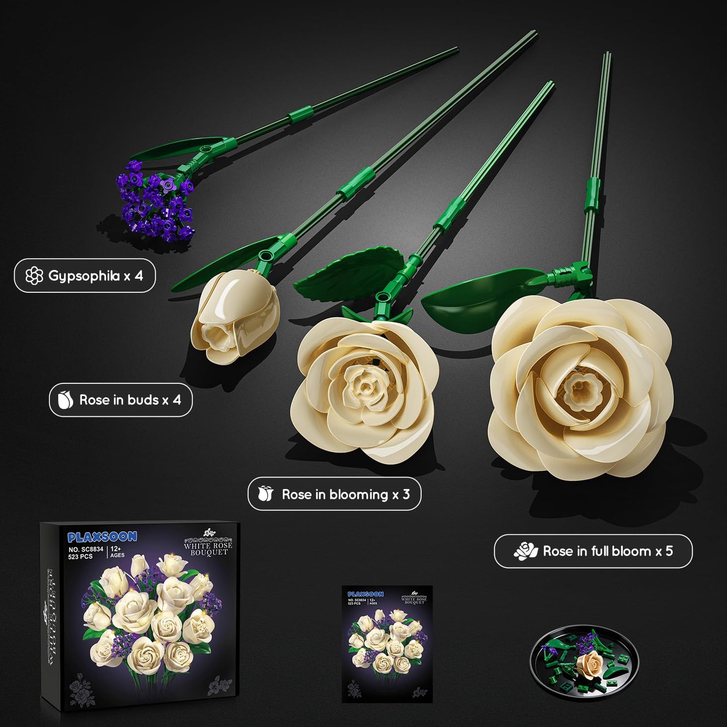 Flowers Bouquet Building Set With Lights,16 Champagne White Roses Botanical  Building Blocks For Adults Girl,523PCS Artificial Flower Valentines Day Birthday Gift For Her Home Decor