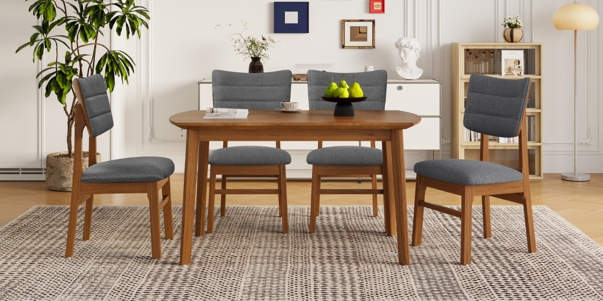 Farmhouse Dining Table Set for 4, Wood Kitchen Table & 4 Upholstered Chairs with Sturdy Rubber Wood Frame, Padded Seat, Curved Backrest, Space-Saving Dinette Set for Dining Room, Brown+Gray