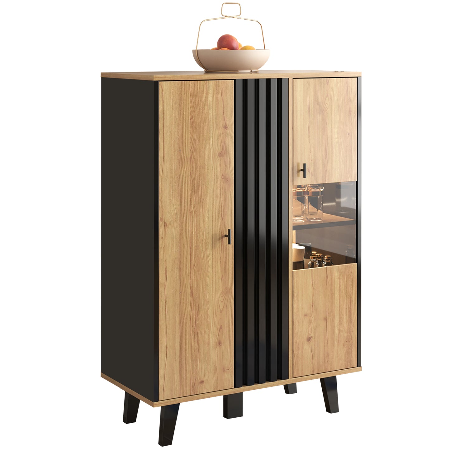 Side Cabinets, Sideboard, Display Cabinets With Glass And LED Lighting. Includes Laminates, A Combination Of Black And Wood Colors, Unique Black Wood Strip Design  OLD SKU WF313229230SAA