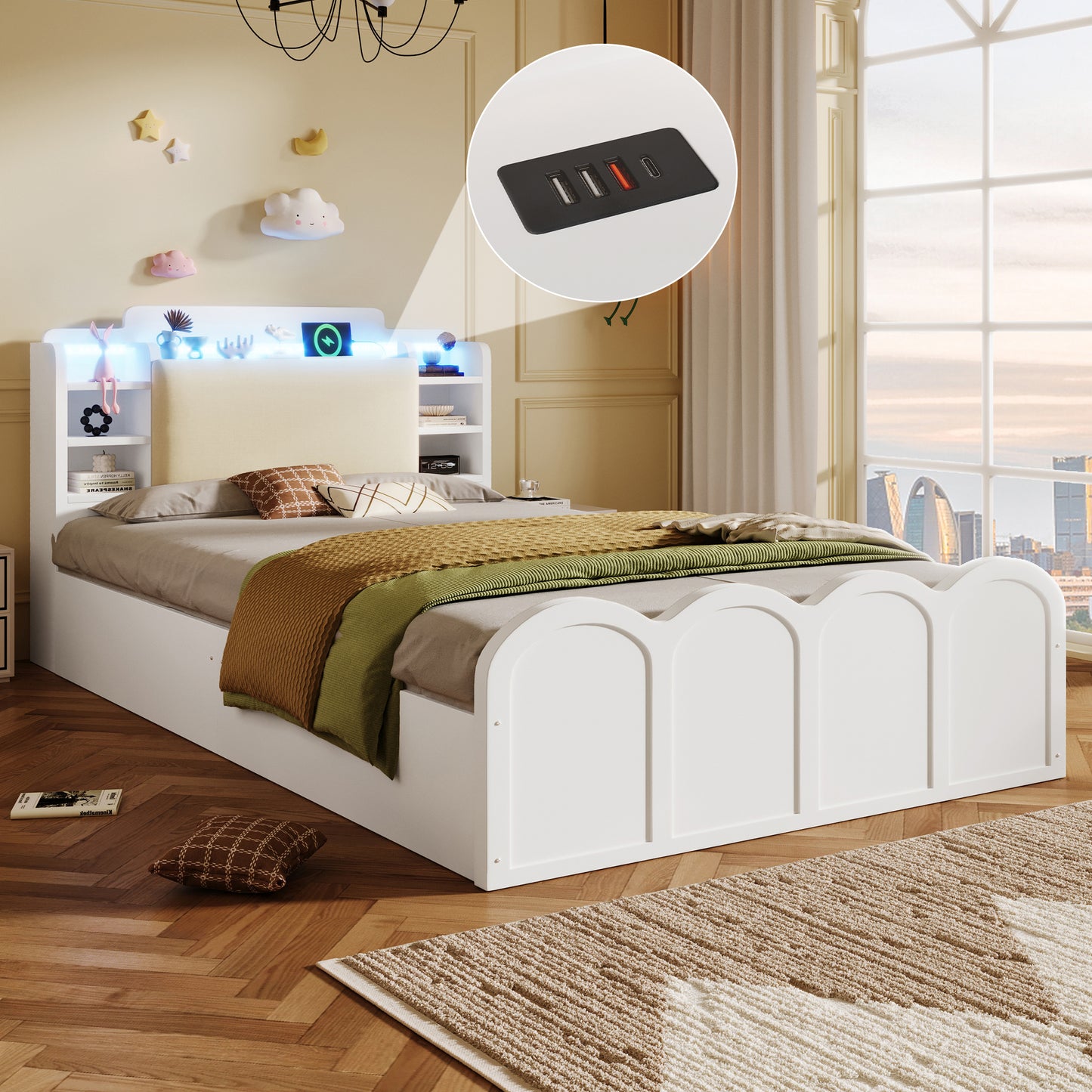 Panel Bed, 90x200 Cm, Hydraulic, With USB Type-C Charging, LED Lighting, Push-button App, Without Mattress, Flip-top Storage Compartment, Multifunctional Storage, White