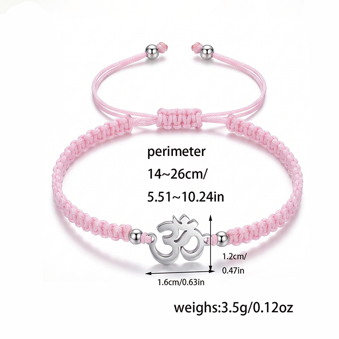 Yoga Om Symbol Bracelet, Adjustable Flat Knot Braided Cord, Silver Tone Charm, Spiritual Boho Style Jewelry For Women