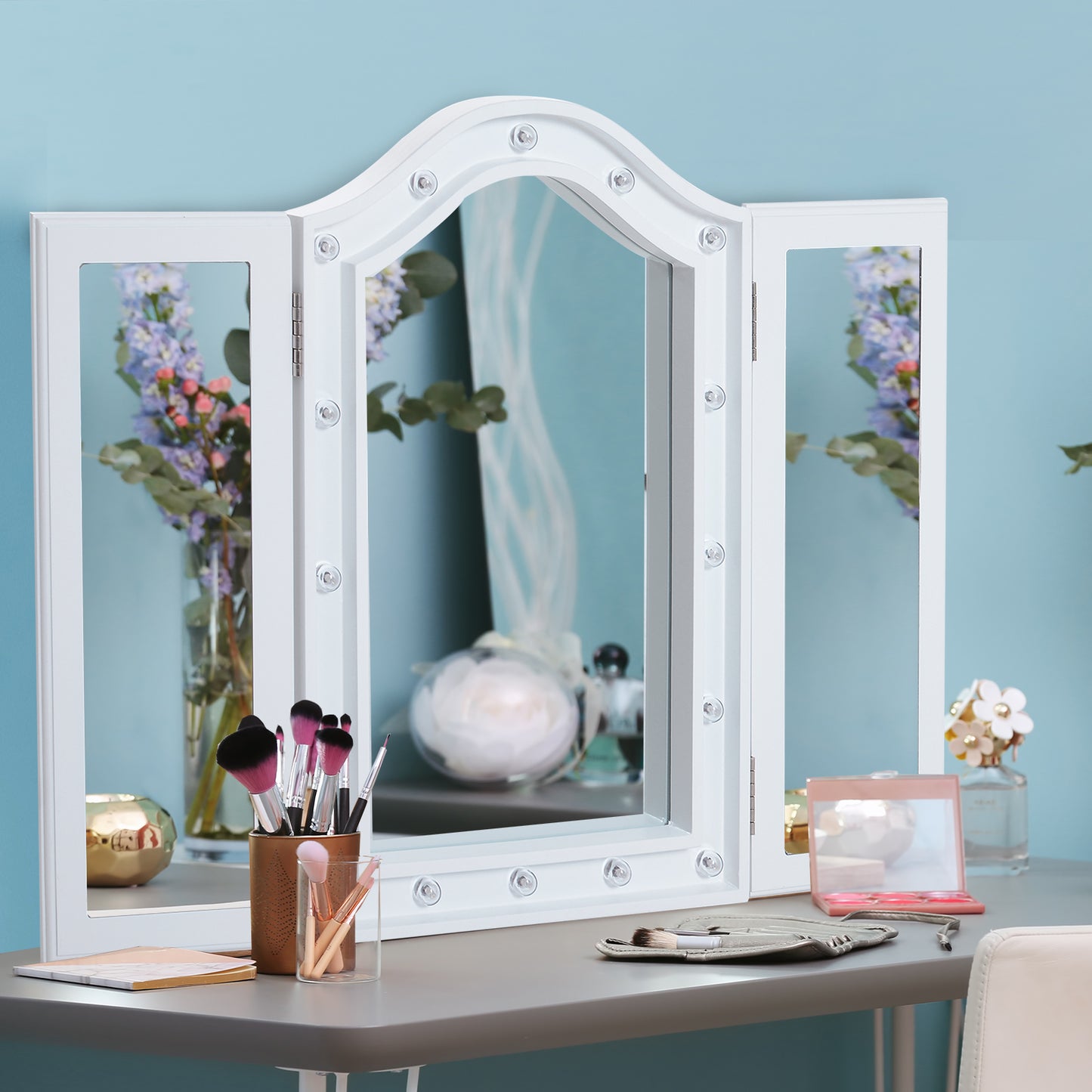 Trifold Tabletop Mirror, 73x53.5cm Makeup Mirror Large Cosmetic W/16 LED Lights Powered By Batteries, Foldable For Bedroom, White
