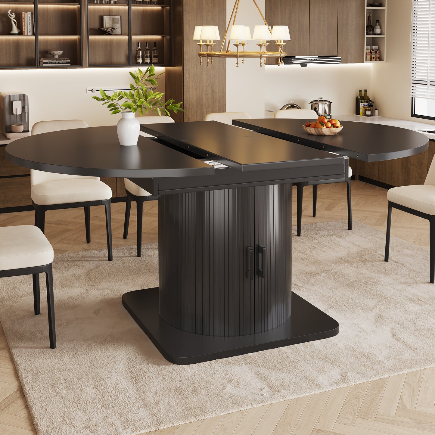 Extendable Dining Table With Storage, Multifunctional Folding Table With Wine Rack, Space-saving Kitchen Table For Small Rooms And Dining Rooms, MDF Tabletop, Black