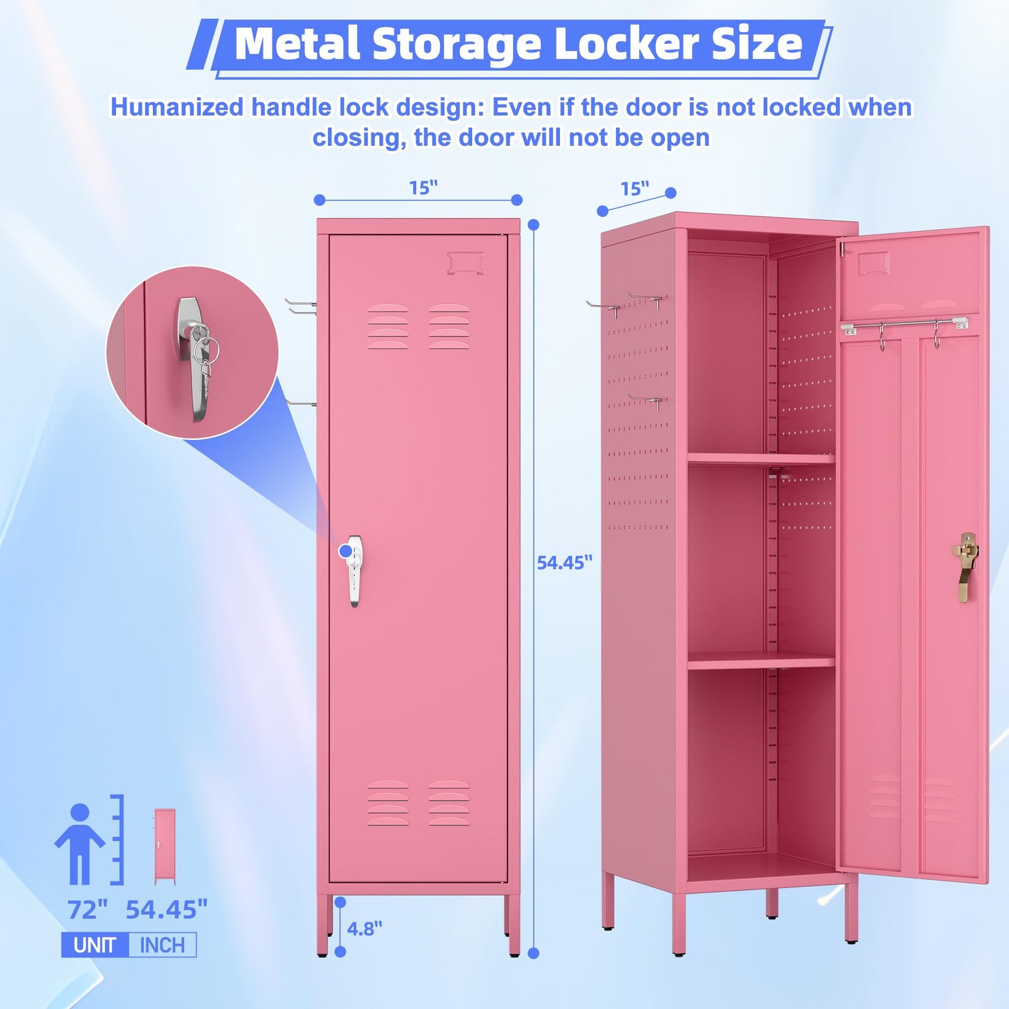 SUPEER Lockable Metal Lockers With Handle And Keys,Metal Storage Locker With 2 Pegboard & 5 Hooks For Home,Office,School,54.45inch H X 15inch W X 15inch,Pink,Required Assembly