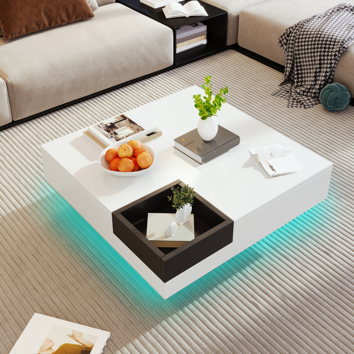 Coffee Table, High-Gloss Living Room Table, Side Table With Removable Storage Box, White And Black Color-Block Design, 72 X 72 X 30 Cm, With LED Lighting Effect