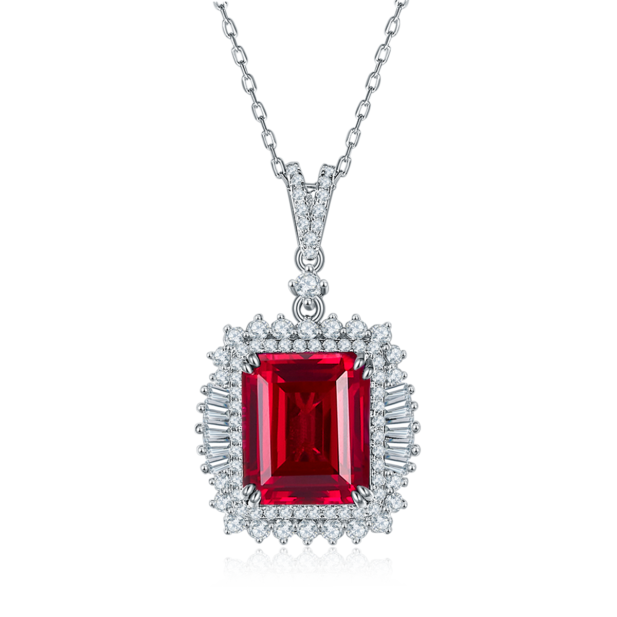 S925 Sterling Silver 10x12mm Lab-Grown Ruby Sapphire Emerald Halo Pendant Necklace, Platinum Plated 40&45cm Chain, 5.5g Women's Jewelry Gift Box
