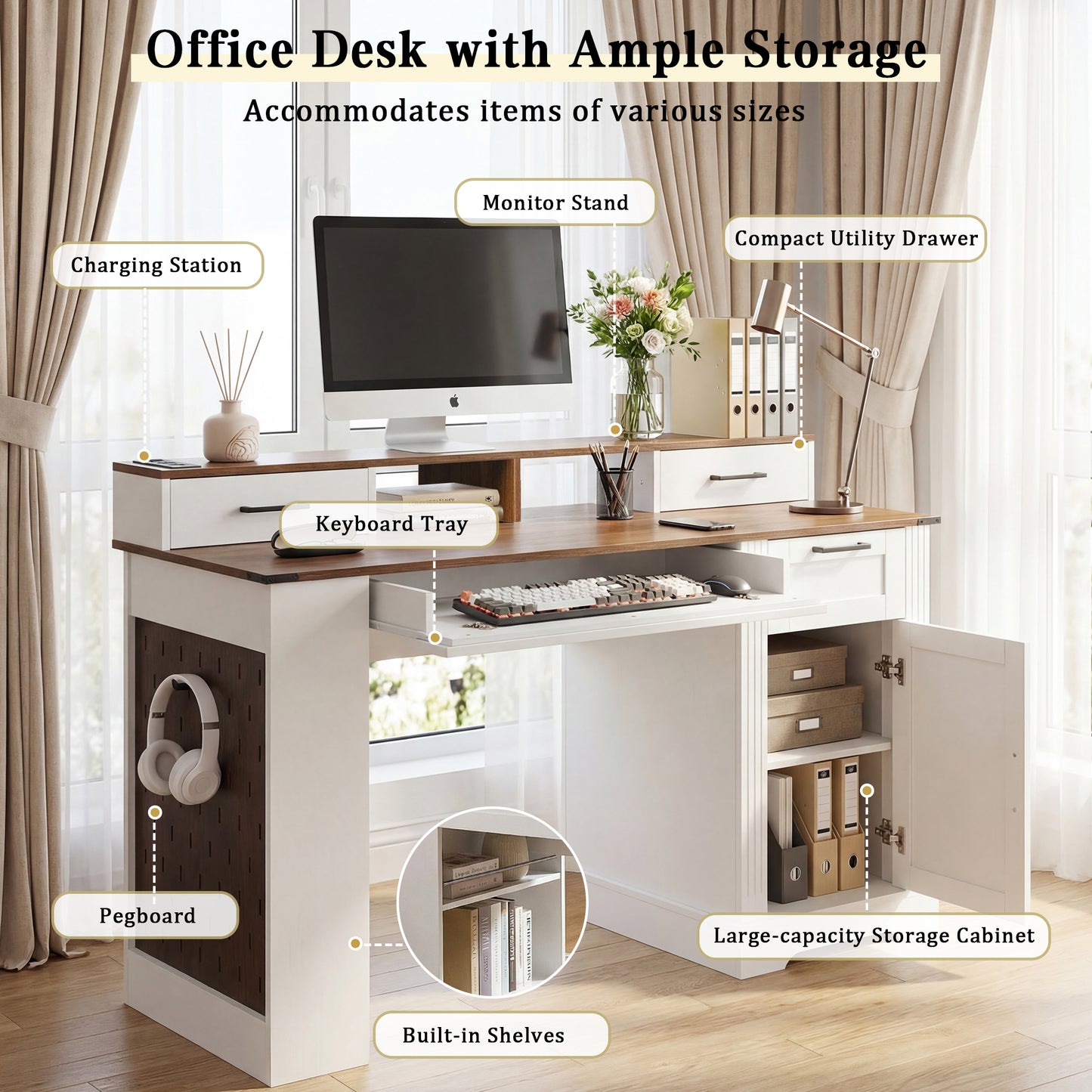 55 Farmhouse Office Desk With Storage Cabinet  Charging Station, Barn Door Design Computer Writing Desk With Keyboard Tray, Monitor Stand And Pegboard For Study, Living Room, Home Office, White