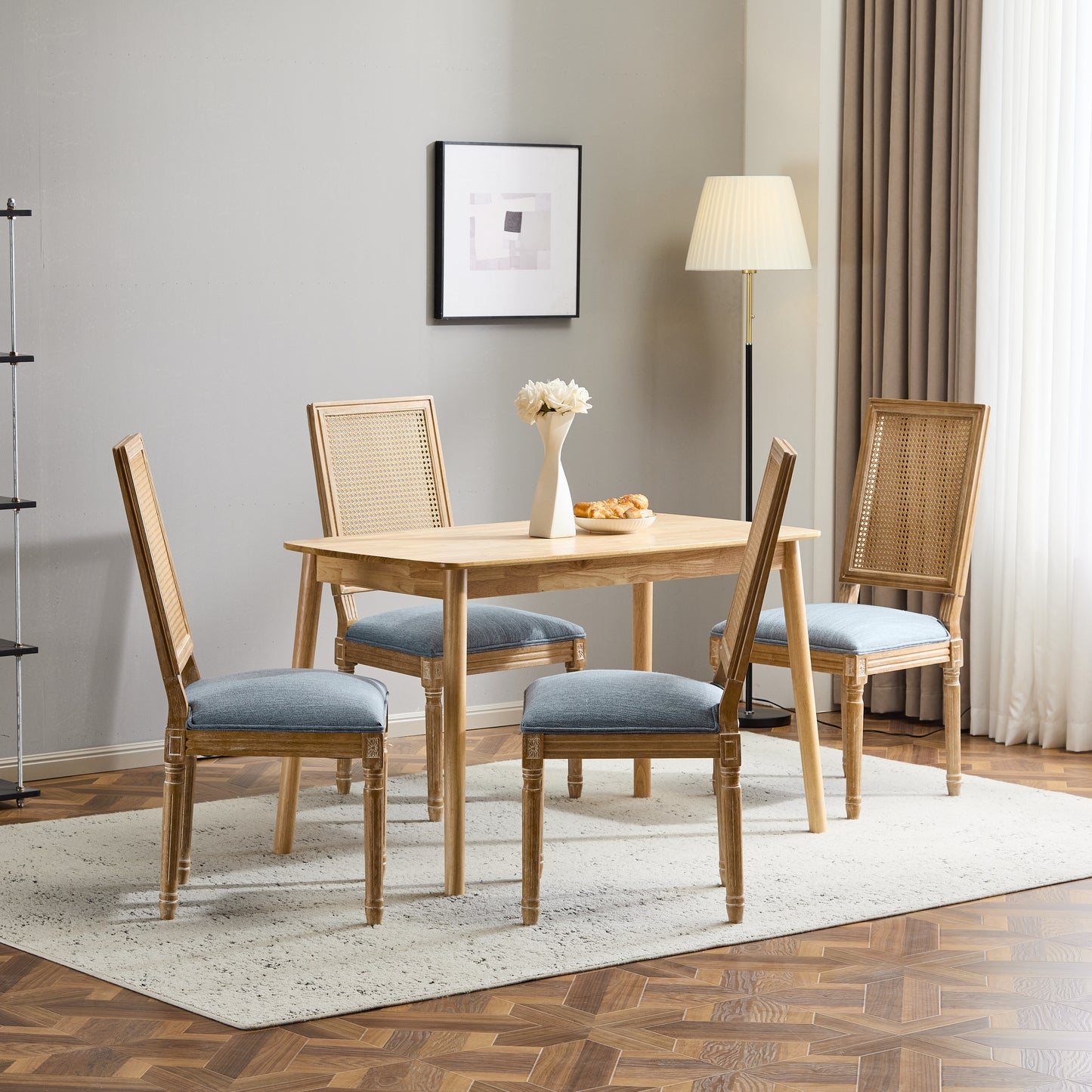 Set Of 4 French Country Dining Chairs - Elegant Cane Backrest & Upholstered Seats With Fluted Legs - Rustic Weathered Finish - Solid Rubberwood Frame - Vintage Inspired Kitchen & Dining Room Chairs