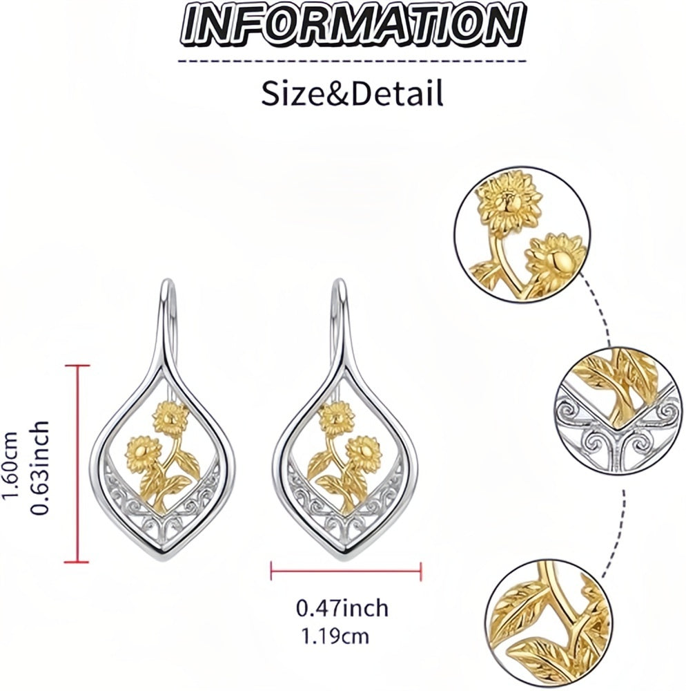 Sunflower Earrings 925 Sterling Silver Filigree 18K Gold Plated Leverback Hoop Dangle Earrings Sunflower Jewelry Gift for Women
