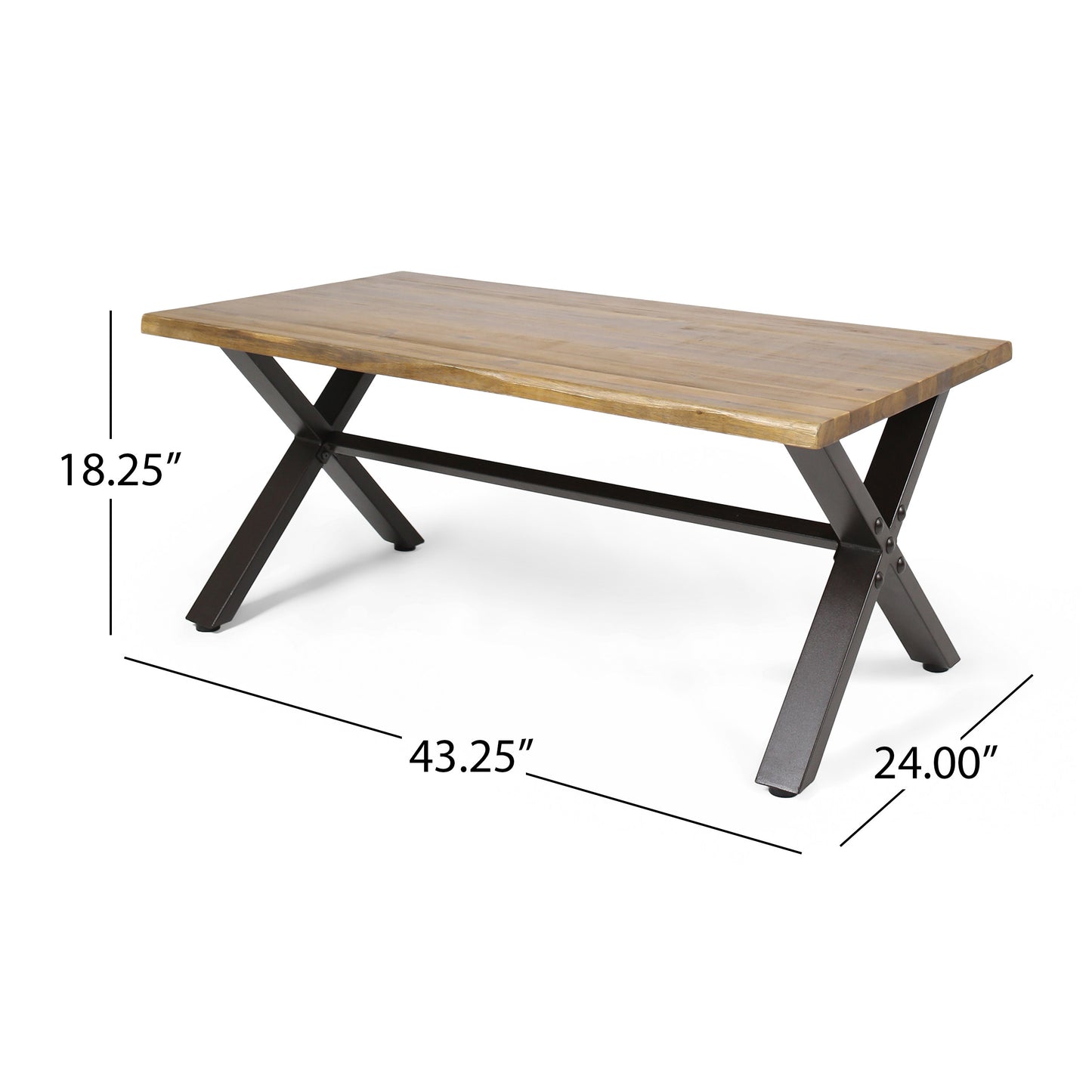 Outdoor Acacia Wood Coffee Table, Teak Finish   Rustic Metal,Black And Brown, 18 H X 27.25 W X 43.25 L