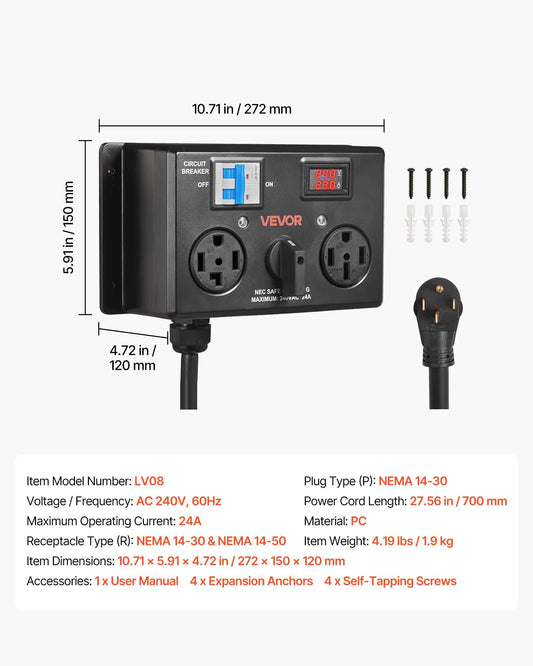 Manual EV Charging Switch, NEMA 14-30P To 14-30R & 14-50R, Splitter Switch For Dryer & EV, 24A Max 240V Manual Power Distribution With Circuit Breaker, Hand-Operated Selector, Plug And Play, ETL