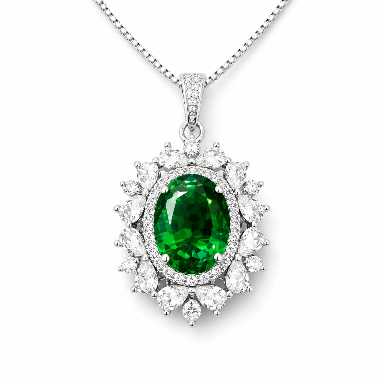 Luxury Sunburst Green Emerald Drop Necklace, Silver Plated Copper CZ Pendant For Anniversary & Formal Party Gifts