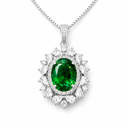 Luxury Sunburst Green Emerald Drop Necklace, Silver Plated Copper CZ Pendant For Anniversary & Formal Party Gifts