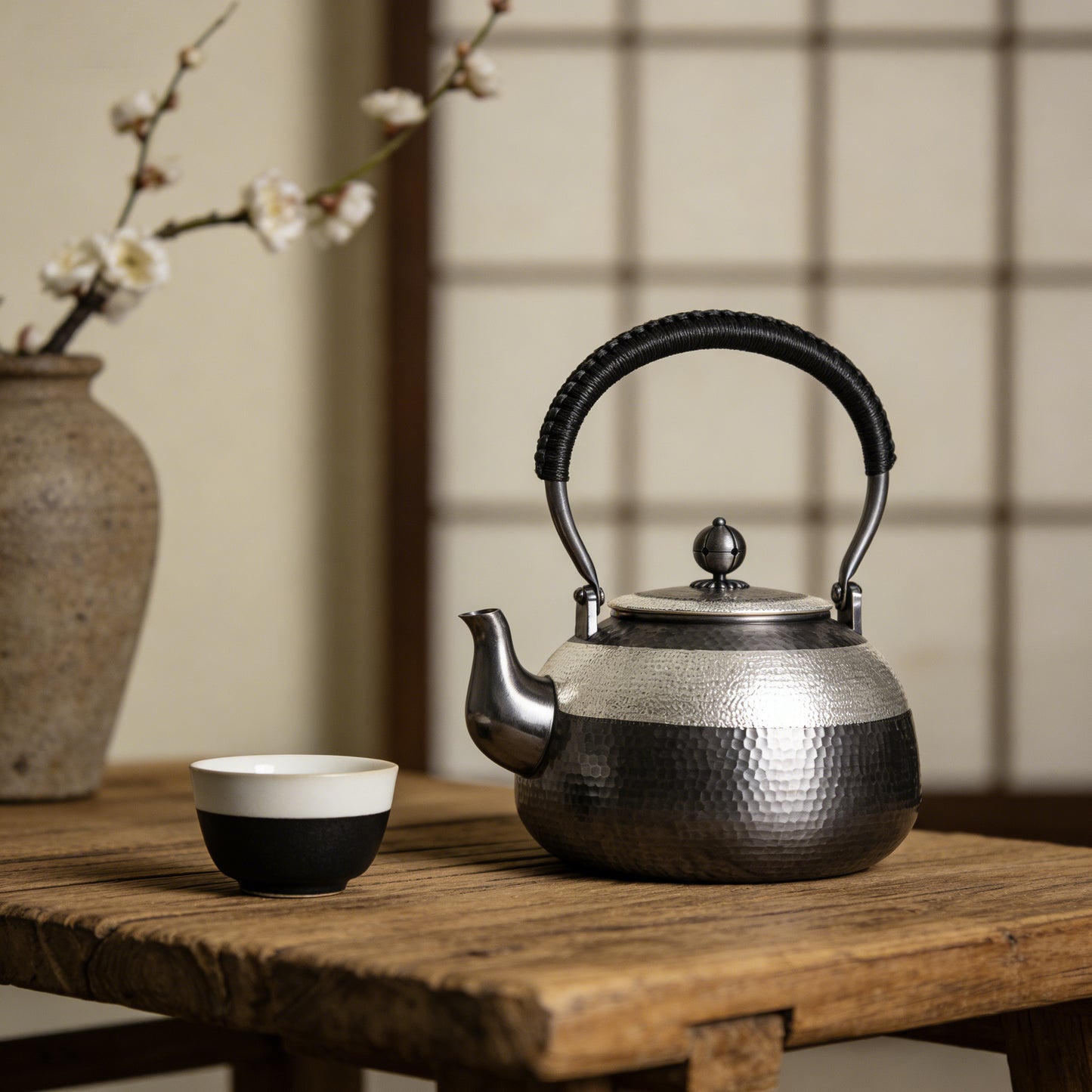 925 Sterling Silver Stainless Steel Hammered Texture Tea Kettle with Woven Handle and Curved Spout-Fine large teapot - Handicraft