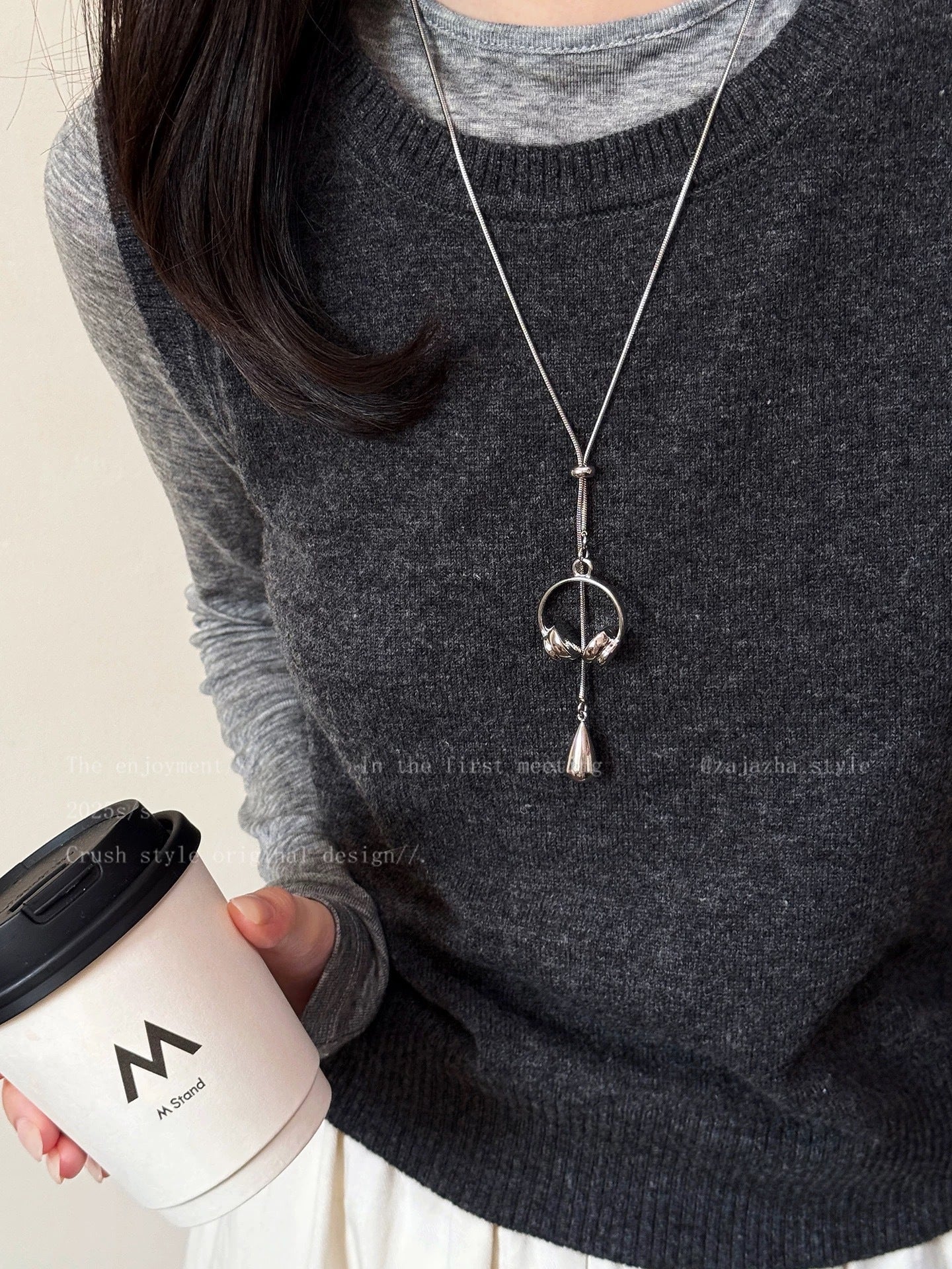 Silver Long Earring Pendant Necklace For Women Korean Style