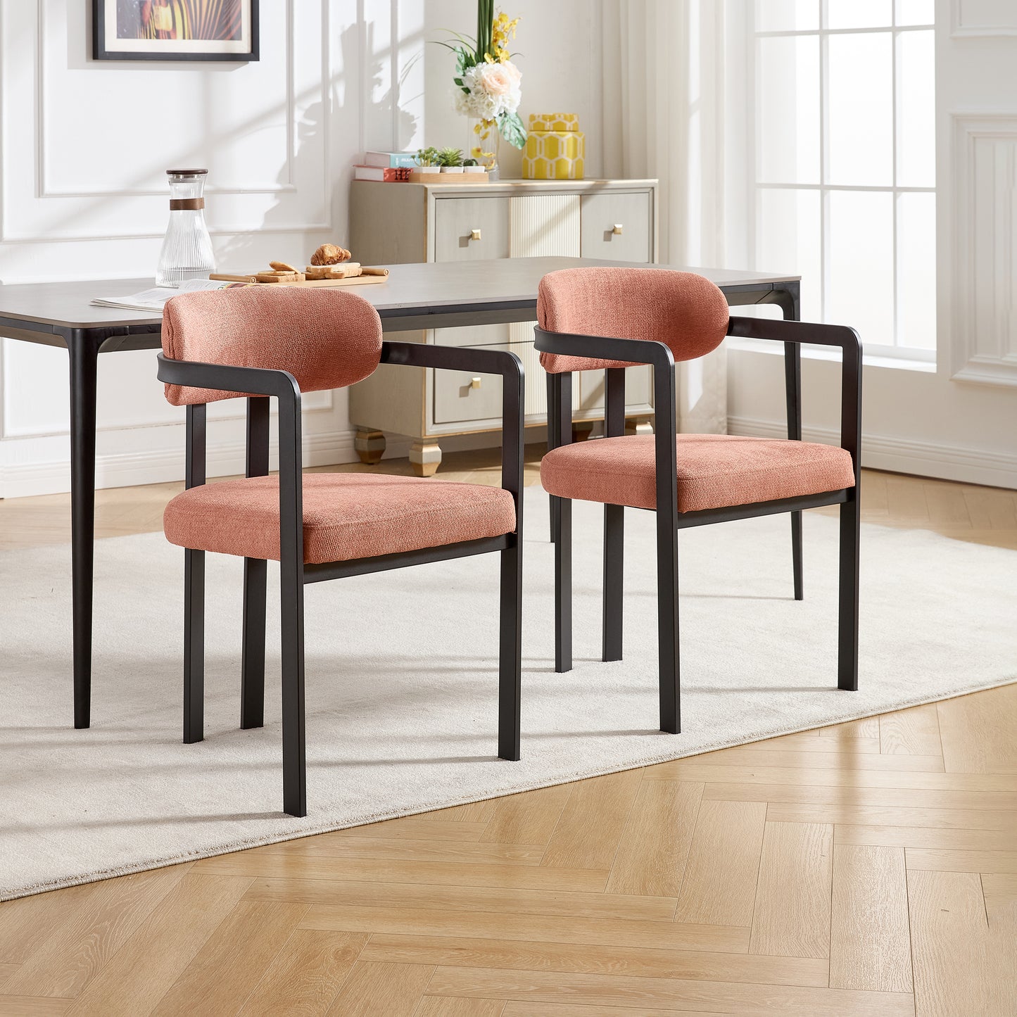 Modern Dining Room Chairs Set Of 2, Mid Century Upholstered Boucle Kitchen Dining Chairs With Black Metal Legs