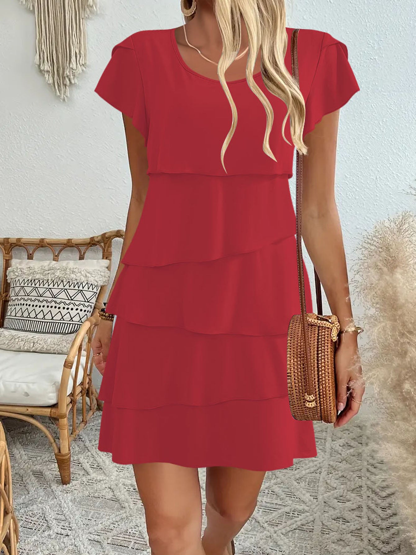 Summer Fashion Cake Dress, Elegant Loose Slimming Round Neck Flutter Sleeve Women Dress