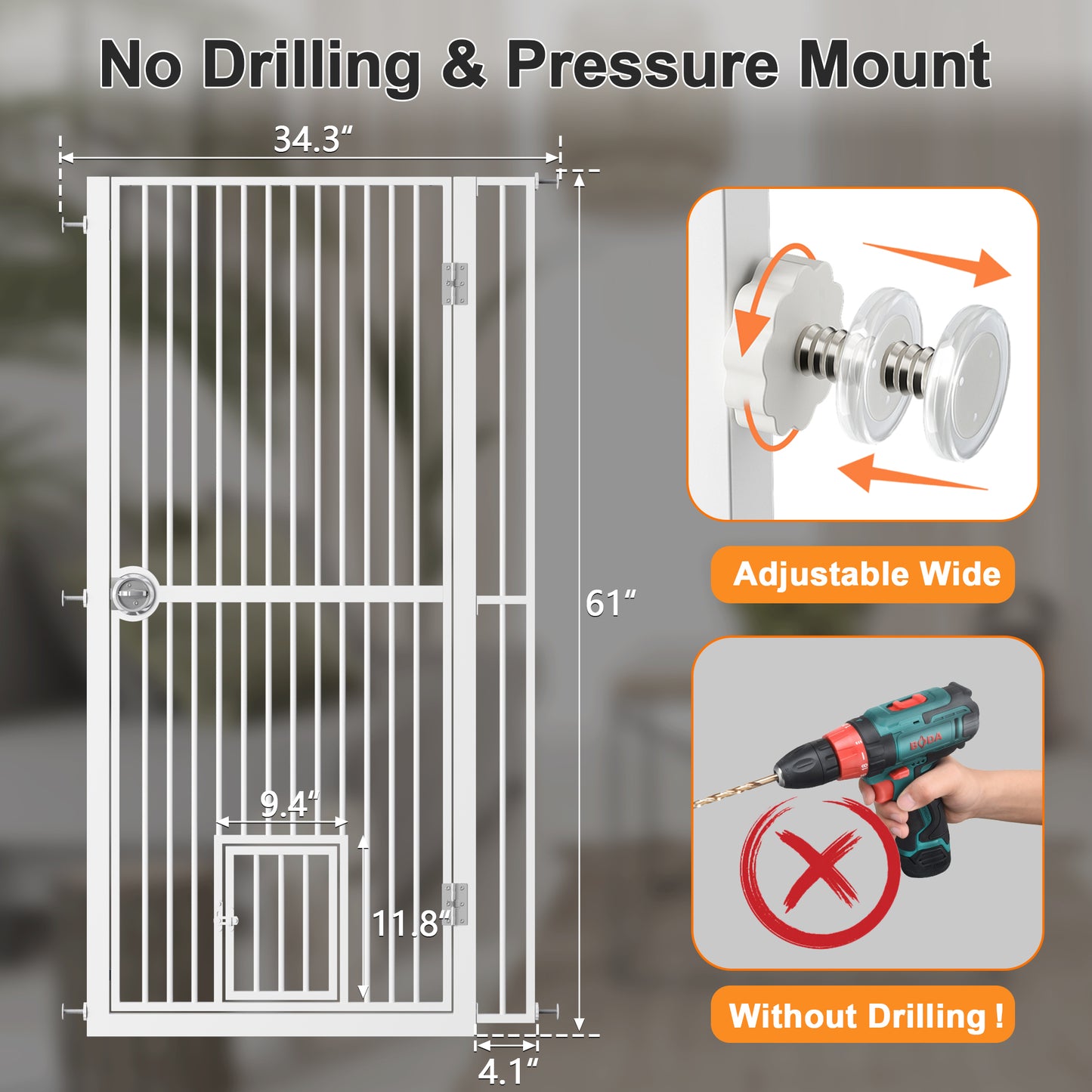 61  Extra Tall Cat Gate For Doorway , Adjustable Wide 34.3 -36.7  And Included 4.13  Extension Kits, Suitable For Doorways Or Kitchen, No Drilling Pressure Mount Kit, White