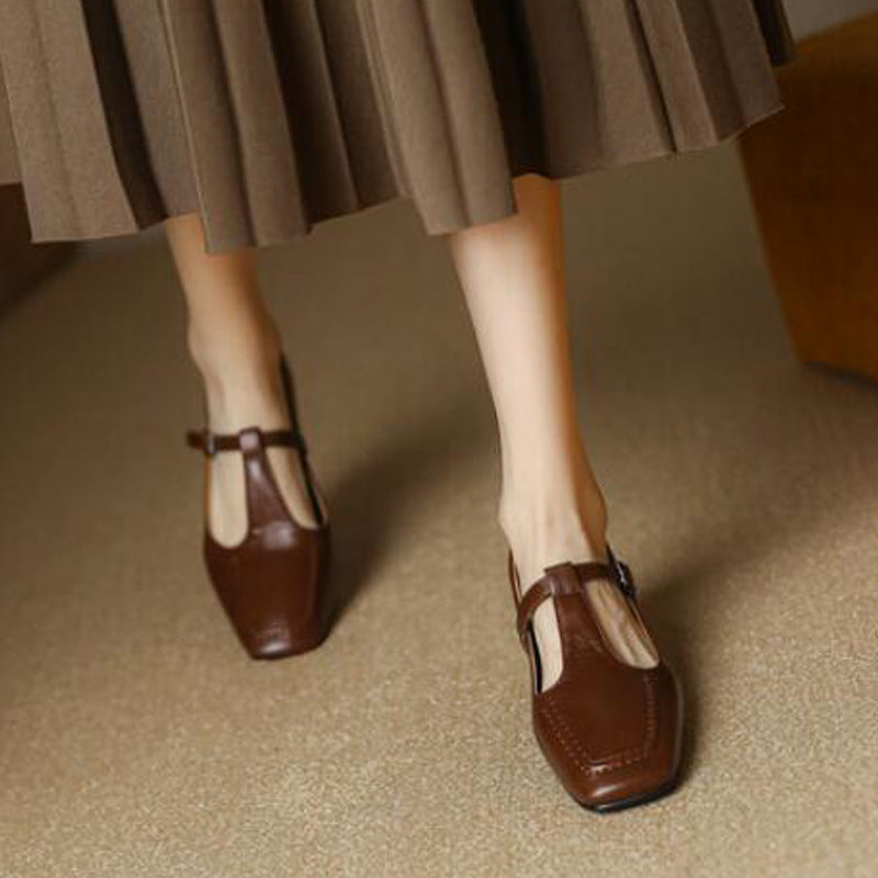 Spring New Chunky-heel Mary Jane Shoes T-strap Low-top Shoes