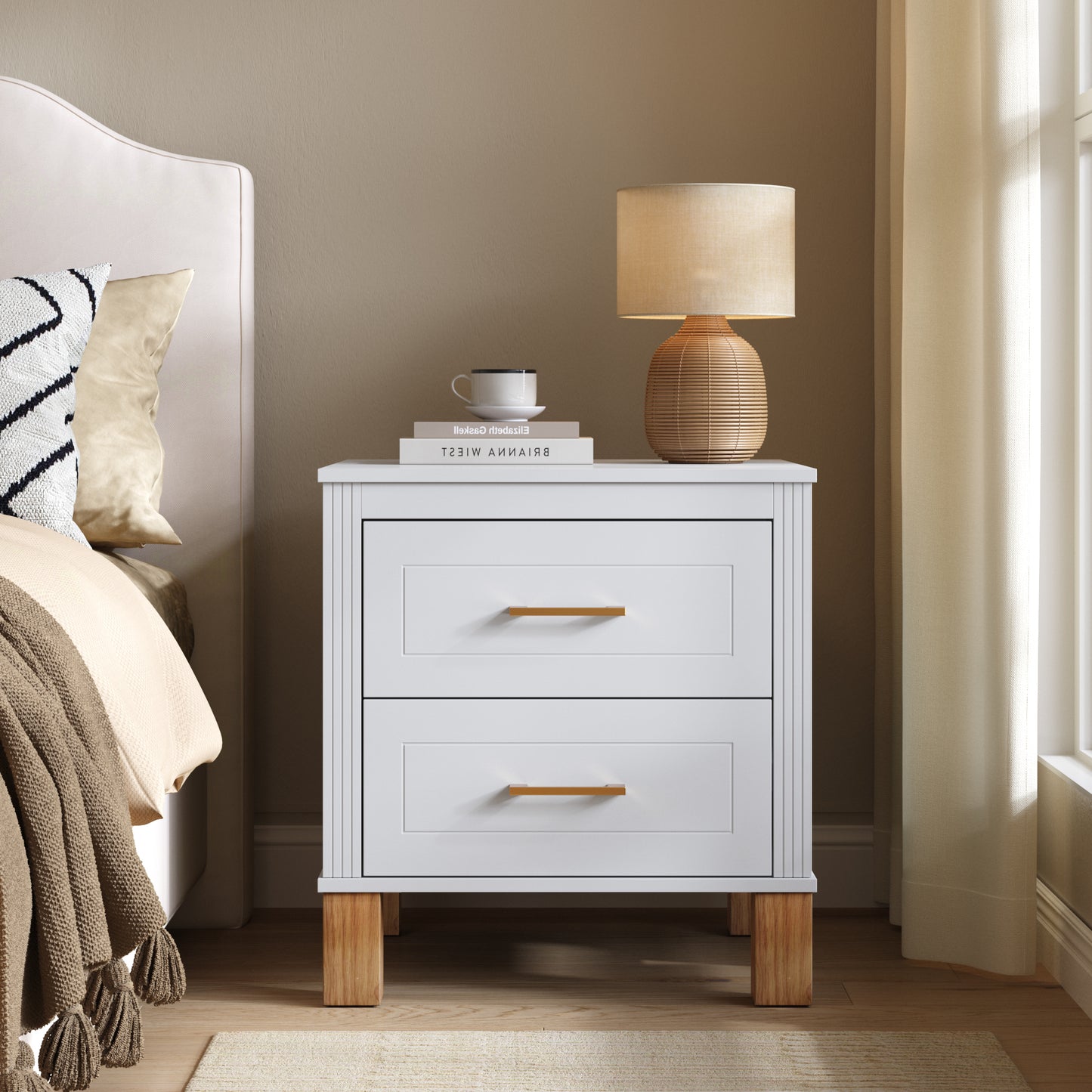 2 Drawer Nightstand, Premium Wood Storage With Elegant Fluted Design, Solid Wood Legs Nightstand With Metal Handle, Tall Bedside Table For Bedroom Living Room, White