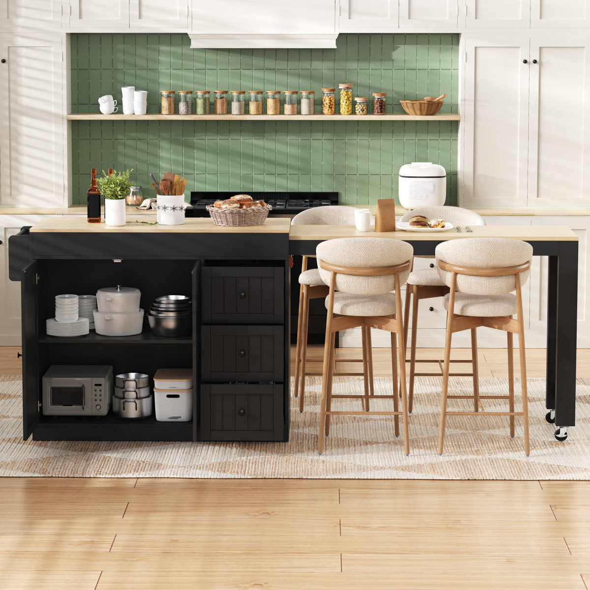 Kitchen Island On Wheels, Extendable Dining Area Kitchen Island With Spice Rack And Drawers, Mobile Kitchen Island Freestanding, Ideal For Kitchen And Dining Room  Black