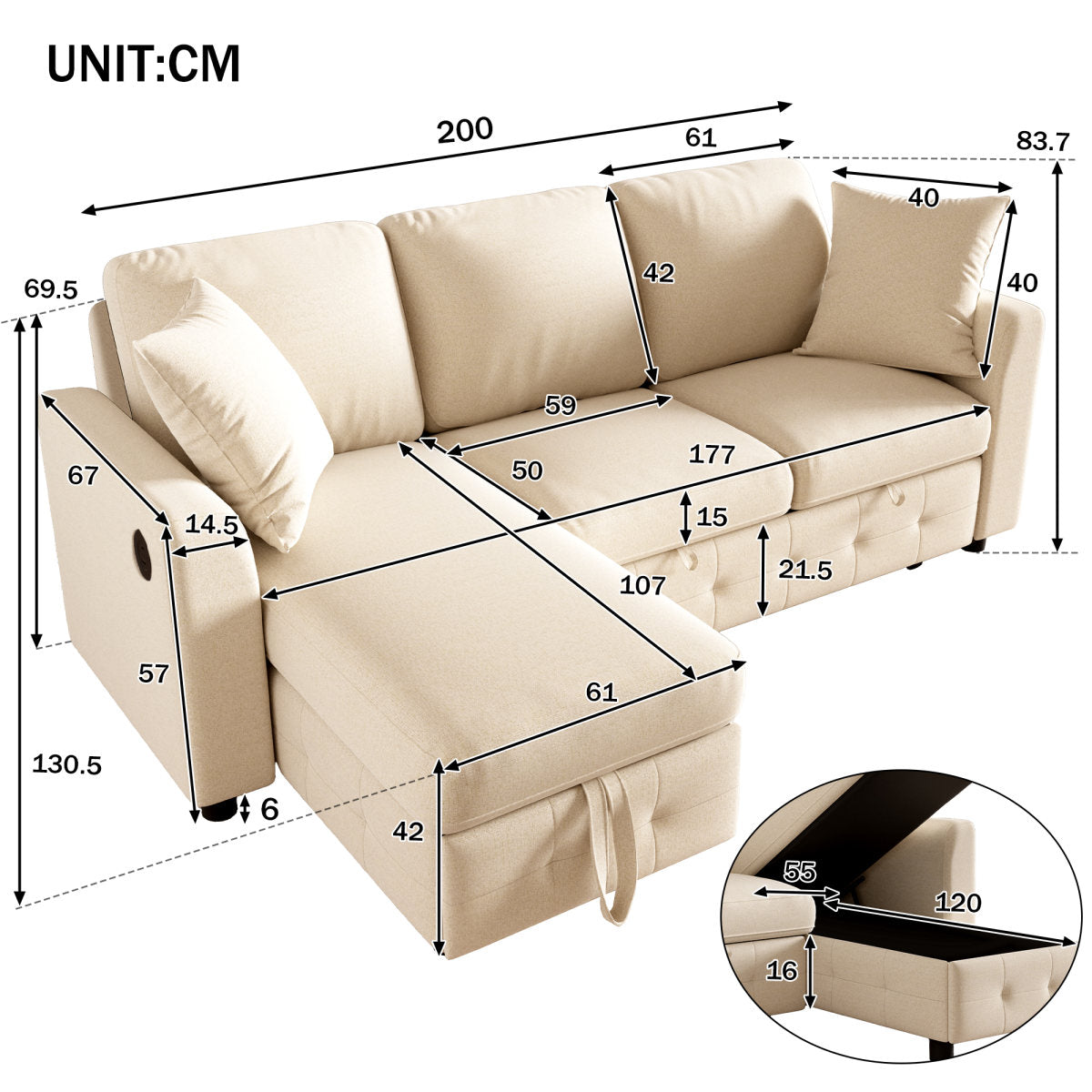 Modern Luxury Chenille L-Shaped Sectional Sofa With 1 Storage Chaise Lounges, 2 Square Cushions, Convertible Corner Sleeper Chair Bed, Comfy Couch For Living Room, Beige, 200 X 130.5 X 83.7 Cm