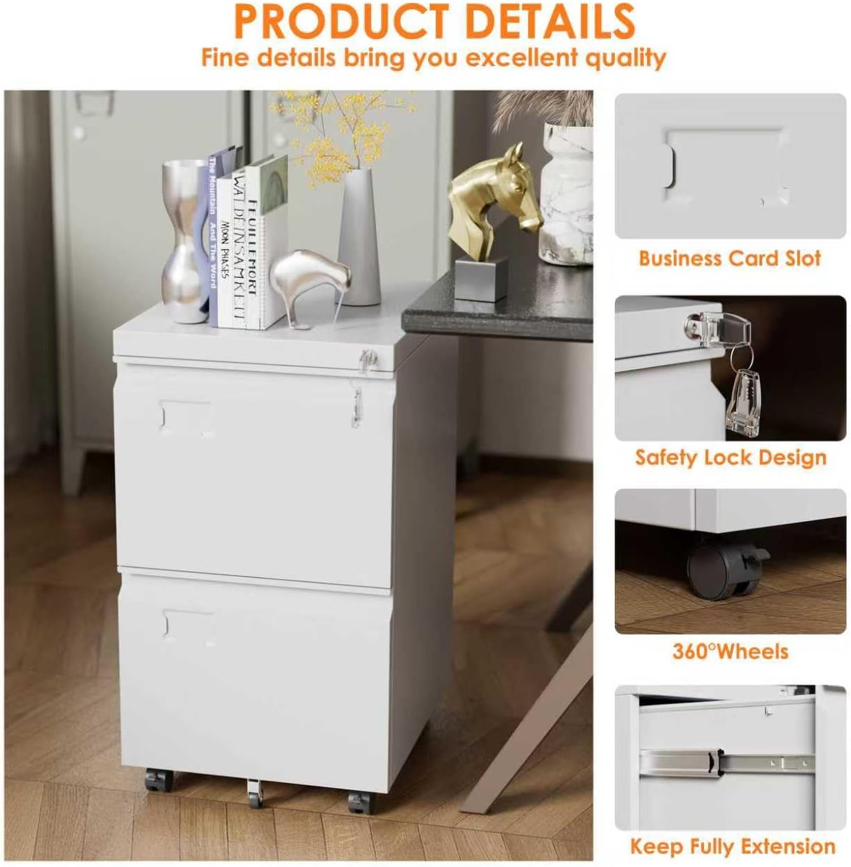 2 Drawers Mobile File Cabinet, Metal Under Desk Cabinet With Lock, For Office & Home, Legal Letter Size, Assembly Required White