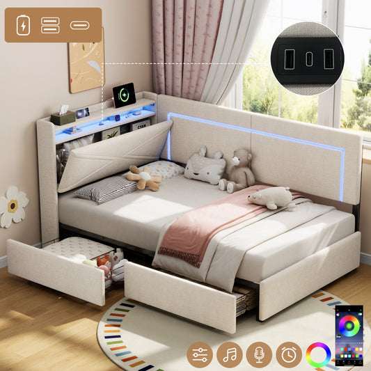 3ft Single Daybed With Two Storage Drawers, LED Concealed Headboard Storage With Charging Station, Modern Linen Sofa Bed For Living Room Bedroom Study Room, 90X190cm, Beige  No Mattress