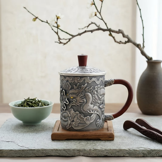 925 Sterling Silver Handcrafted Silver Dragon Relief Tea Mug with Rosewood Handle and Lid - Handicraft