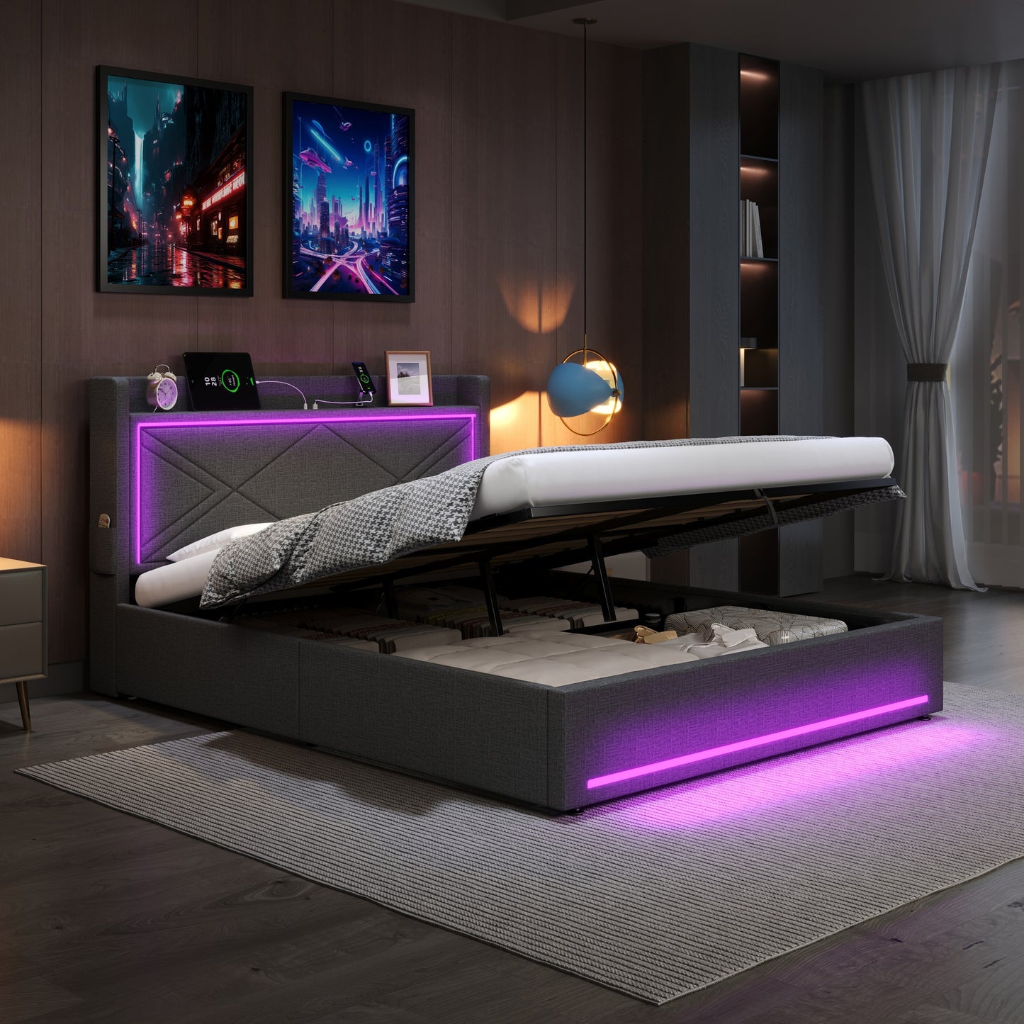 4ft6 Double Upholstered Bed Frame With Hydraulic Storage,  Linen Ottoman Bed With LED Lighting And Charging Station, USB And Type - C Ports, No Box Spring Needed, Grey No Mattress